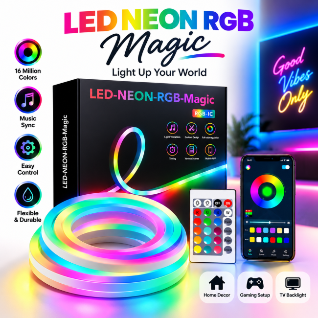 LED Neon RGB Magic Flexible Strip Light – App & IR Remote Controlled Smart Neon Rope Light with Music Sync, Timer & Dynamic Color Changing Features