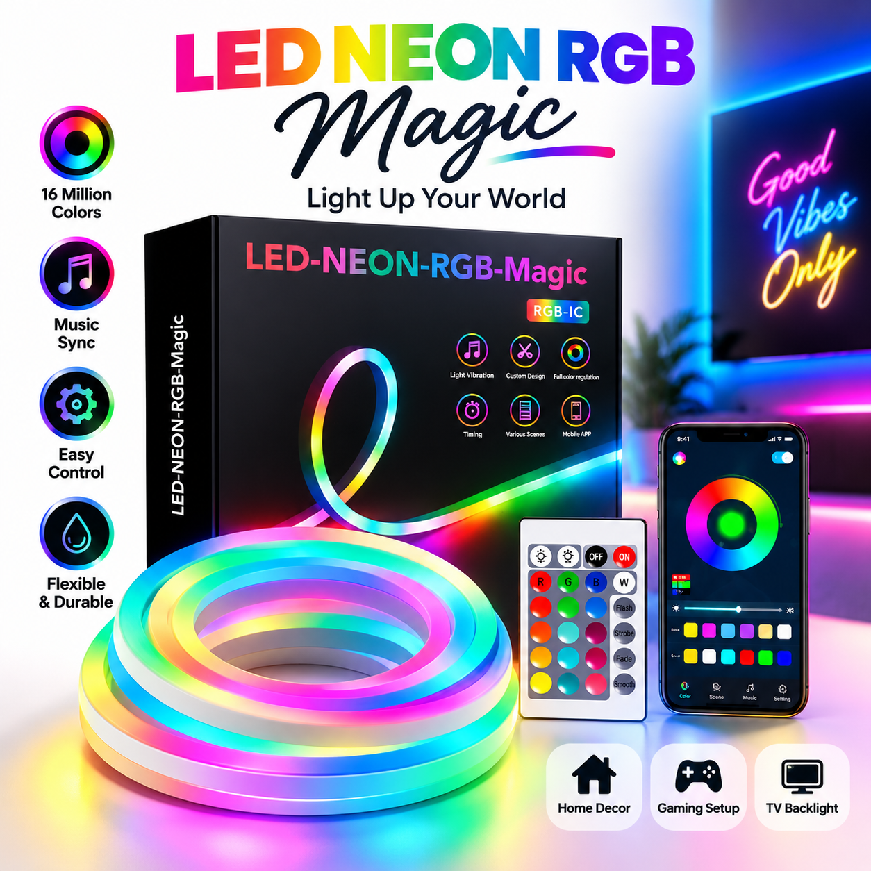 LED Neon RGB Magic Flexible Strip Light – App & IR Remote Controlled Smart Neon Rope Light with Music Sync, Timer & Dynamic Color Changing Features